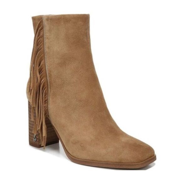 NWT SAM EDELMAN Womens Brown Fringed Ona Toe Block Heel Leather Booties 7.5 M
